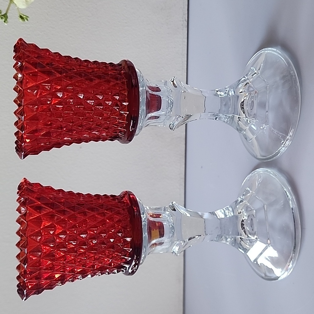 Set of 2 Glass Candle Holders with 2 Red Votive Sconce Cups with Fittings.